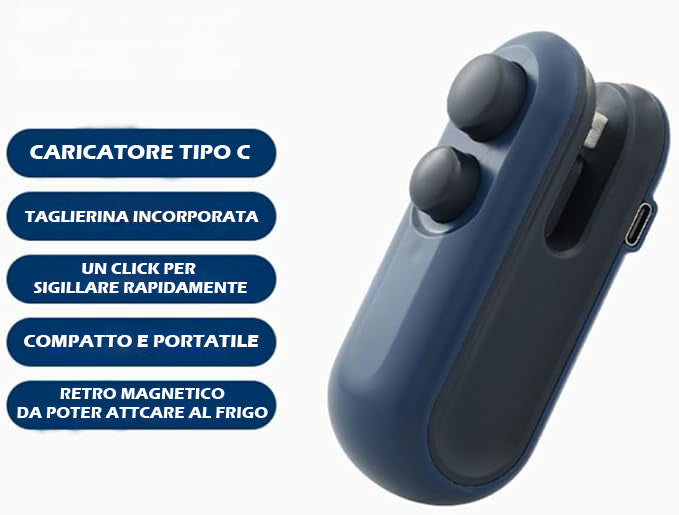Mini Sigillatori Termici Portatile 2 in 1 (Sigilla e Taglia) Ricaricabile USB, Uso Domestico, Sigillatore Per Ogni Tipo Di Busta