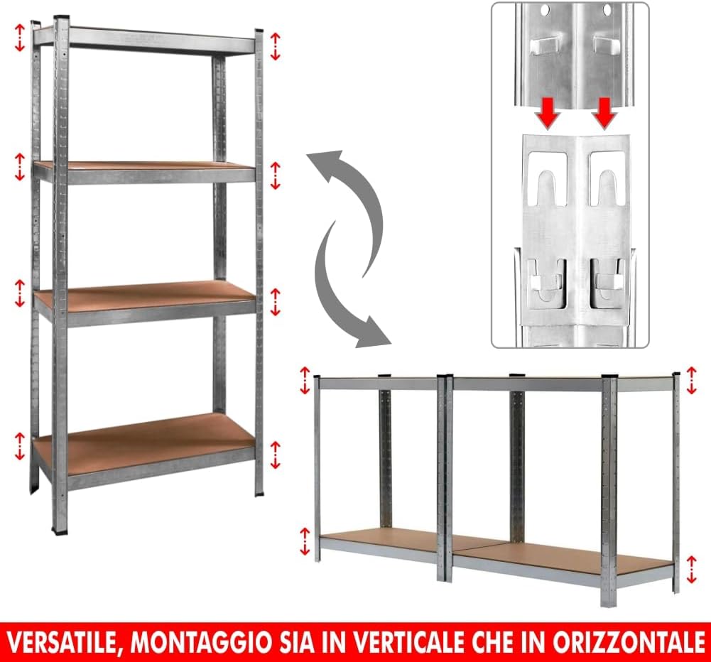 Scaffale in Metallo Zincato per Carichi Pesanti 4 Ripiani Capacità di Carico 280 Kg Scaffale per Garage, Dispensa, Lavanderia, Ufficio